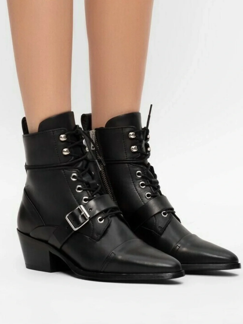 AllSaints Katy Black Leather Lace Up Buckle Strap Ankle Boot Black EU 38 US 7.5